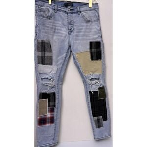 Amiri Distressed Plaid Patchwork Denim Skinny Jeans Men's Size‎ 34 Button Fly